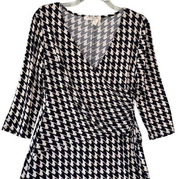 Eva-Picone Dress Flow Wrap Black Houndstooth Print 3/4 Sleeve V Neck Size 16 - Picture 3 of 10
